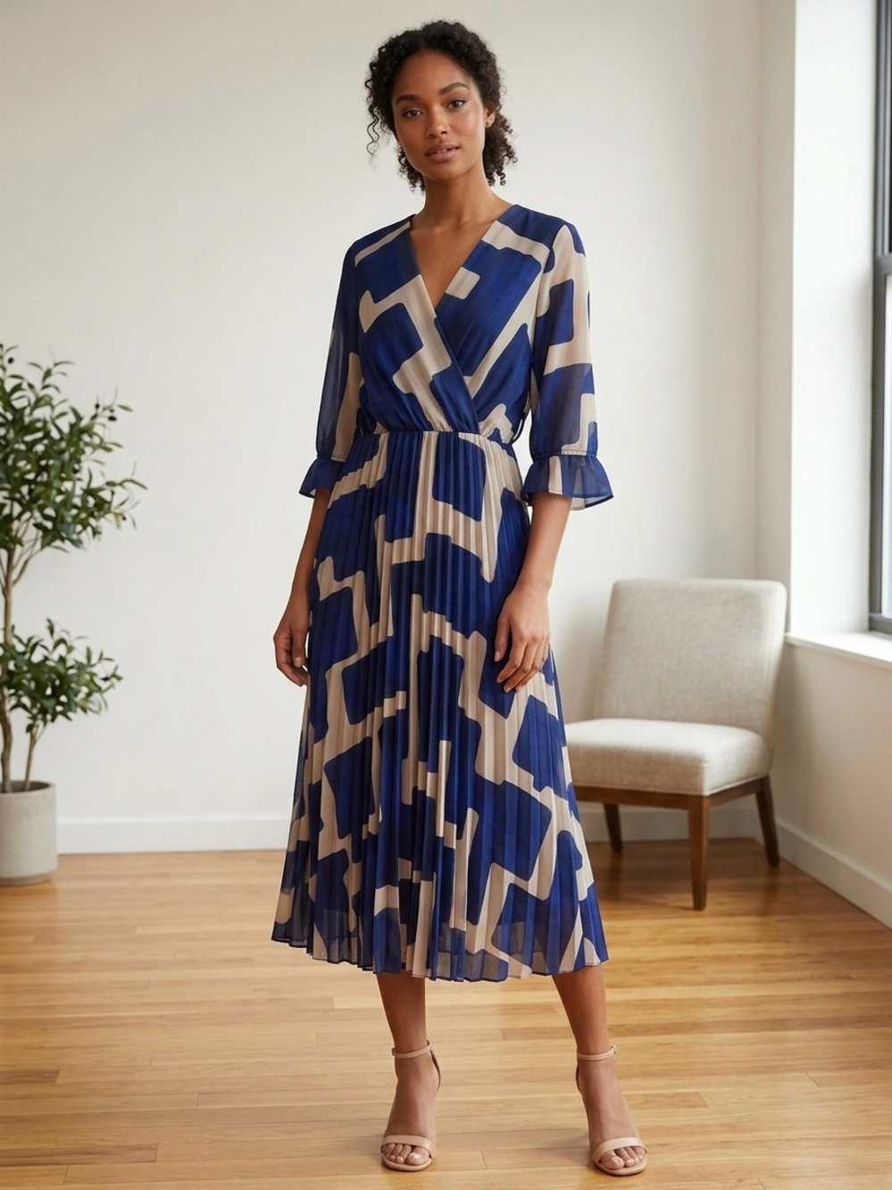 Geometric Wrap Pleated Midi Dress in Blue and Beige